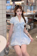 Aqua V Collar Short Puff Sleeves Stripe Print Ruffle Bowknot Sweet Jirai Kei Dress - Product - 4