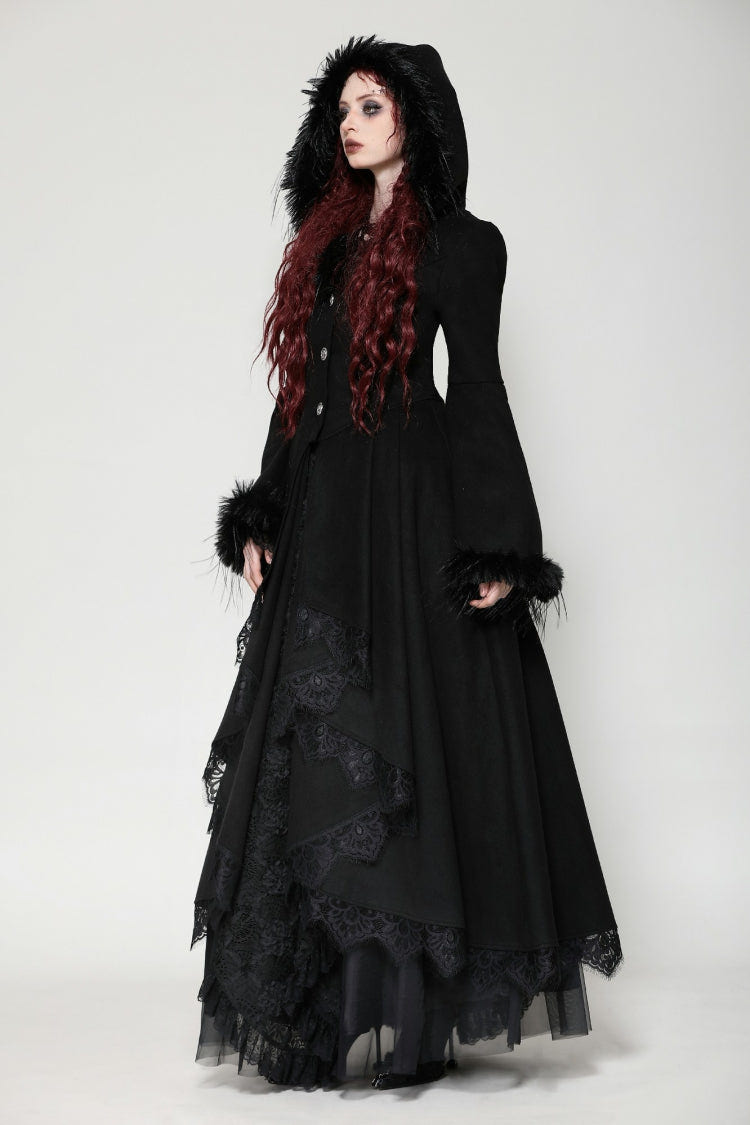 Black Long Bell Sleeves Lace Button Women's Gothic Romantic Coat with Hood - Product - 7