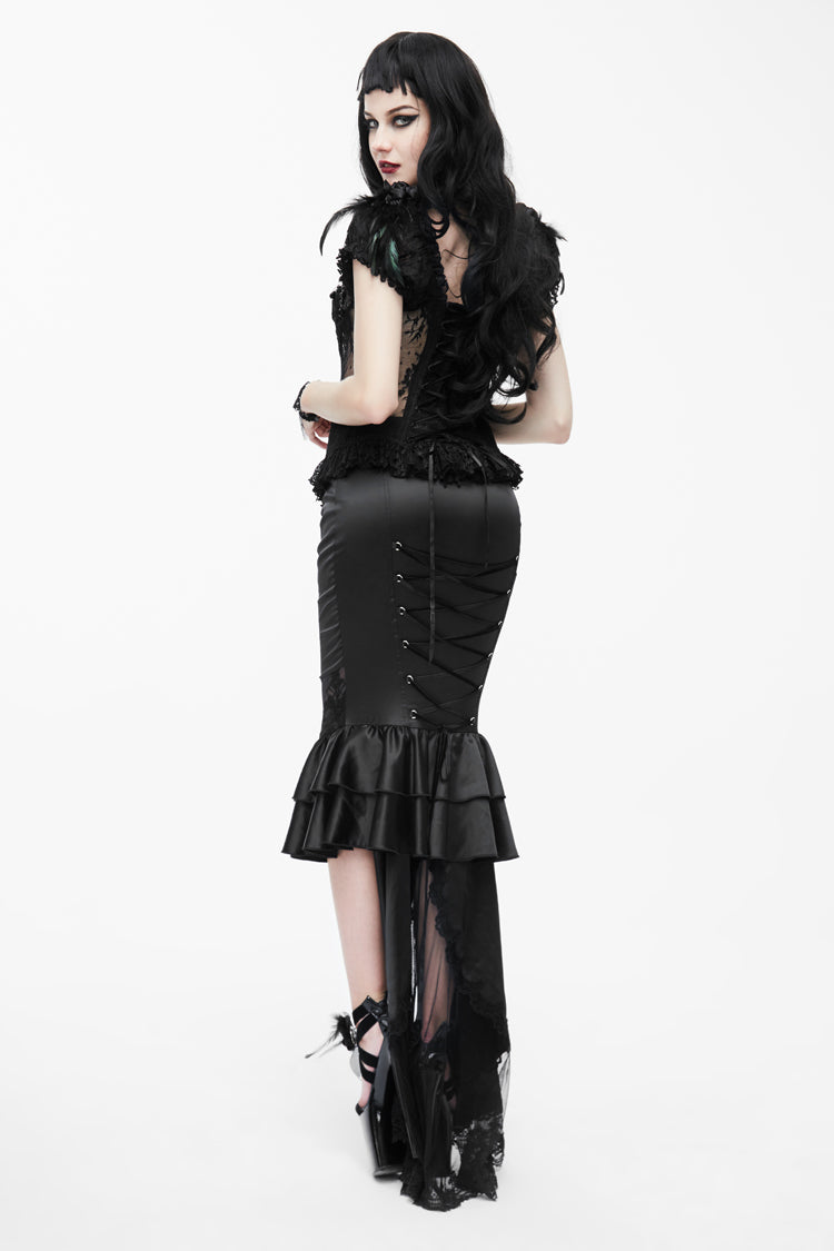 Black Back Decals Transparent Mesh Hem Satin Trailing Women's Gothic Skirt - Product - 4