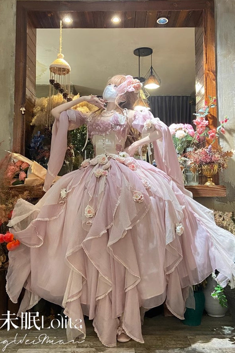 [Praise of the Flower Goddess] Off Shoulder Ruffle Hanayome Bowknot Lace Fishbone Sweet Lolita Jsk Dress 2 Colors - Product - 5