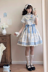 Blue [Grape Moon Almanac] Short Sleeves Multi-Layered Printed Ruffled Bow Sweet Lolita Dress - Product - 2