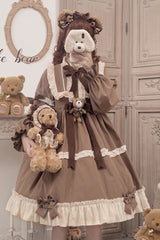 Brown Caramel Teddy Bear Round Collar Long Sleeve Stitching Bowknot Ruffled Sweet Lolita OP Dress - Product - 2