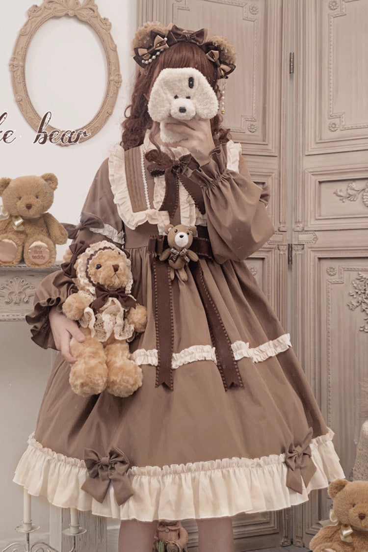 Brown Caramel Teddy Bear Round Collar Long Sleeve Stitching Bowknot Ruffled Sweet Lolita OP Dress - Product - 2