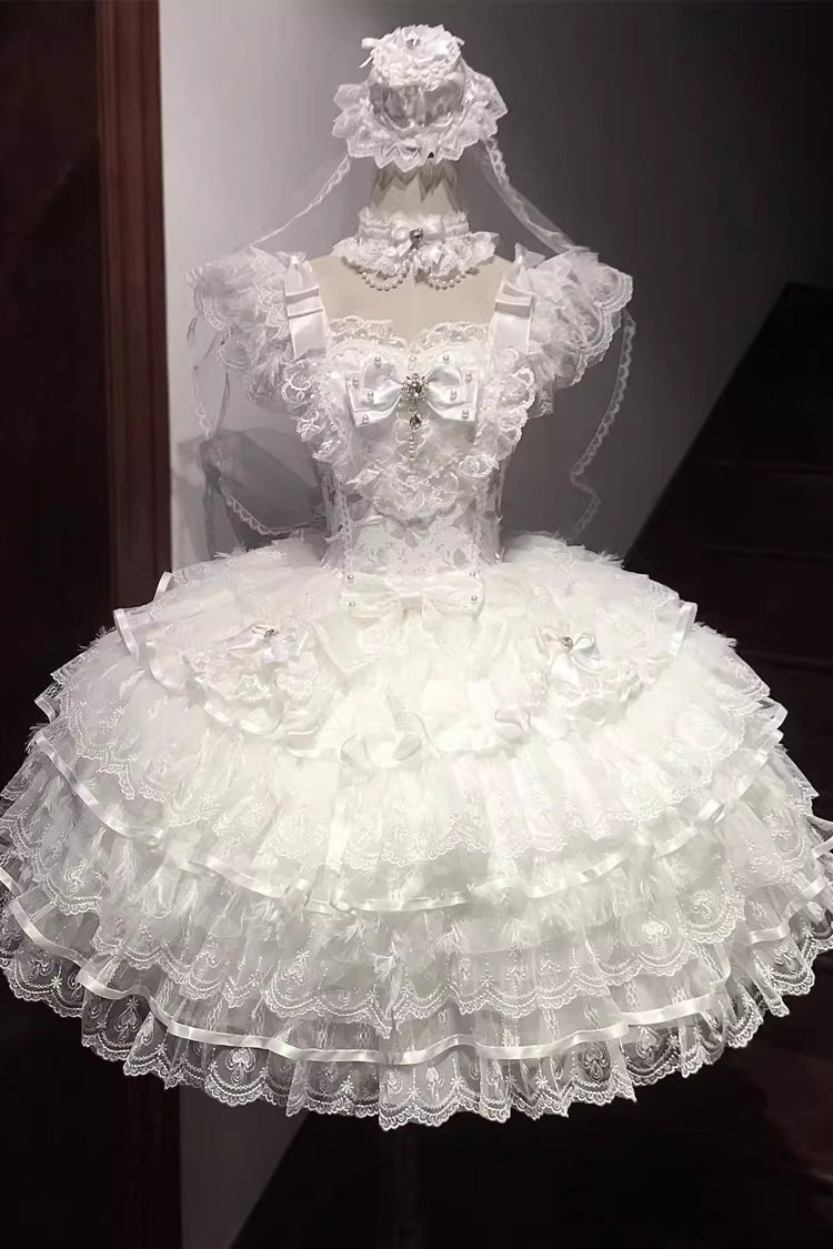 White [Ballad of Feathers] Sleeveless Multi-Layered Ruffle Hanayome Bowknot Sweet Lolita Jsk Dress - Product - 3