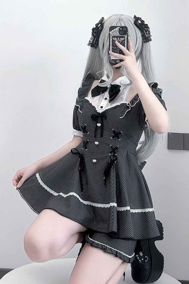 Black [Roman Strings] Short Sleeves Striped Print Bowknot Lace-Up Gothic Jirai Kei Plus Size Dress - Product - 2