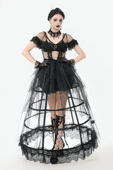Black V Collar Short Sleeves Multi-Layered Sheer Mesh Women's Gothic Dress - Black - 1