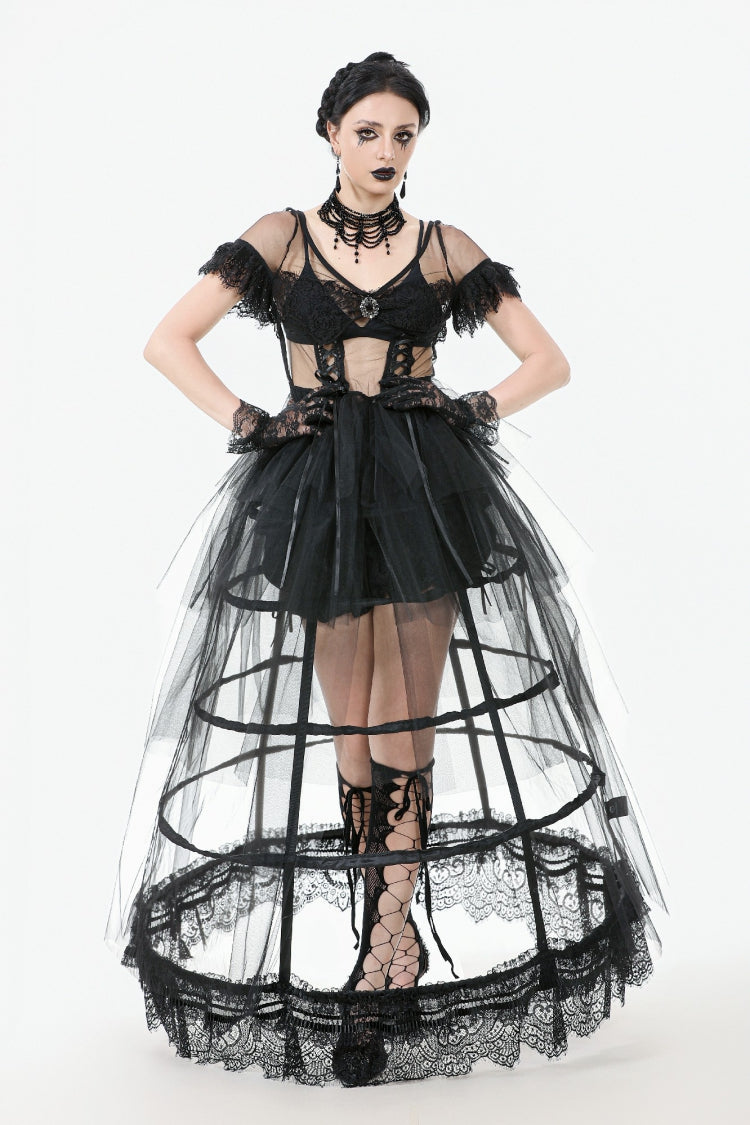 Black V Collar Short Sleeves Multi-Layered Sheer Mesh Women's Gothic Dress - Black - 1