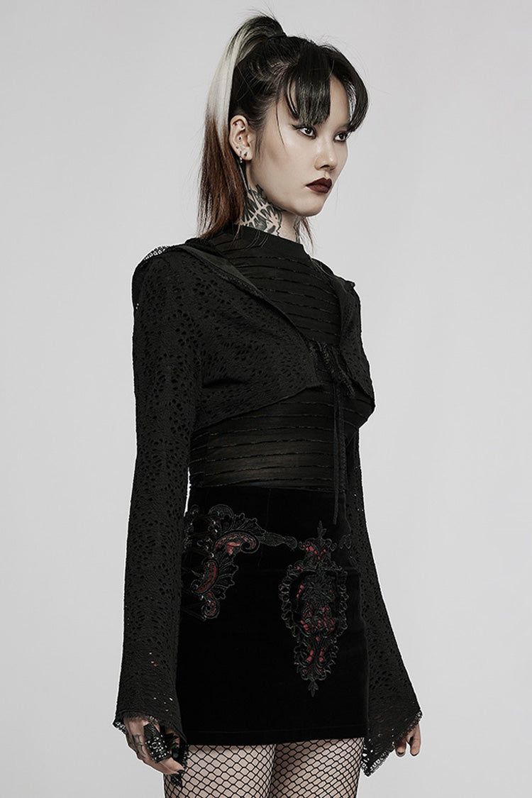 Black Gothic Lace Big Hat Hole Mysterious Horn Long Sleeve Short Women's Coat - Product - 2