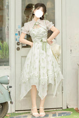 Lily of the Valley Spring Short Sleeves Jacquard Print Bowknot Irregular Sweet Lolita Jsk Dress - Green - 1