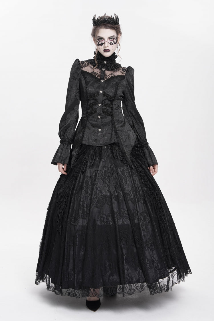 Black Stand Collar Long Sleeves Jacquard Hollow Lace Women's Gothic Blouse - Product - 9
