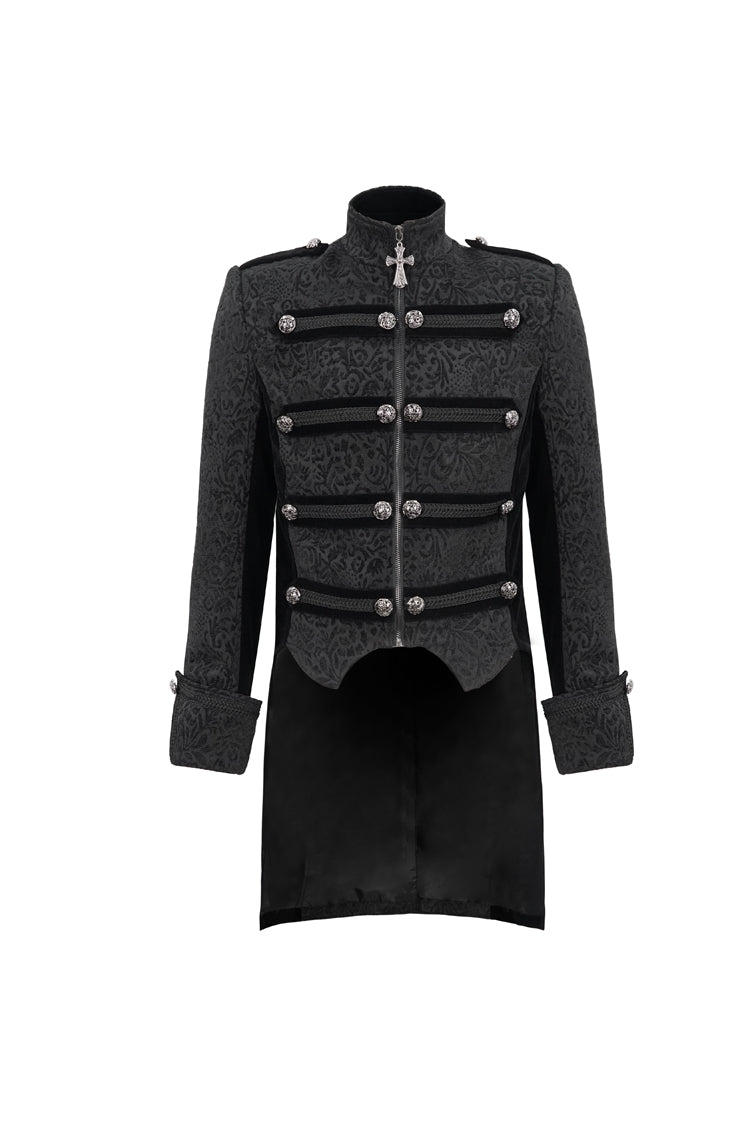 Black Silk Stand Collar Printed Metal Breasted Cross Zipper Back Slit Vintage Men's Gothic Jacket - Product - 5
