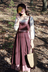Brown French Retro Pastoral Style Long Sleeves Stitching Plaid Crinkle Sweet Lolita OP Dress (Headkerchief is included) - Product - 4