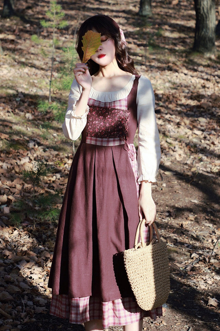 Brown French Retro Pastoral Style Long Sleeves Stitching Plaid Crinkle Sweet Lolita OP Dress (Headkerchief is included) - Product - 4