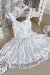 Green [Leiffu] Sleeveless Ruffle Bowknot Lace Lace-Up Sweet Ballet Lolita Jsk Dress - White - 5