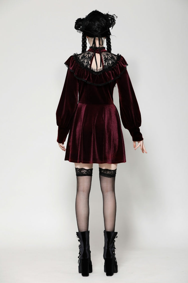 Red Long Sleeves Crochet Velvet Dress Women's Gothic Graduation Dress - Product - 4