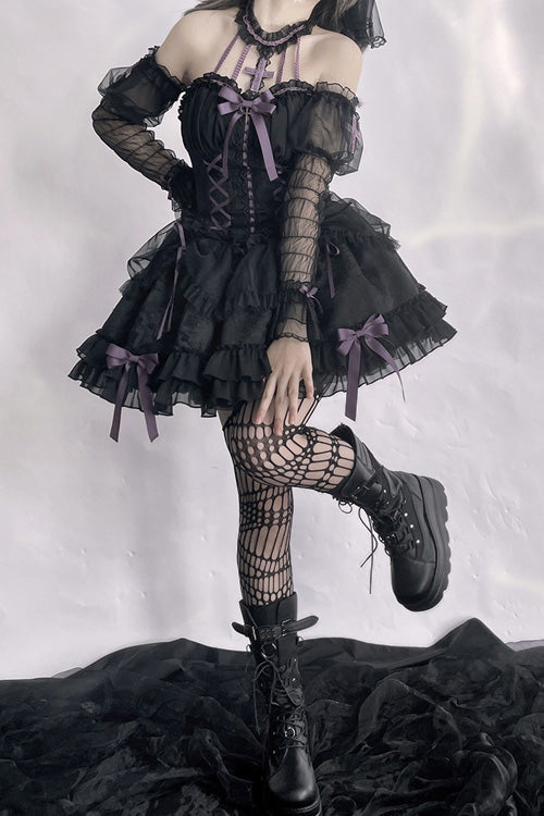Black Purple Tube Top Sleeveless Blowknot Ruffled Gothic Lolita Tiered Dress - Product - 6
