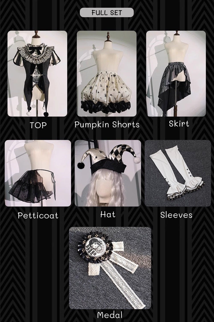 Black [Weird Toy Box] Circus Clown Halloween Print Ruffle Embroidery Asymmetric Gothic Ouji Lolita Full Set - Product - 3