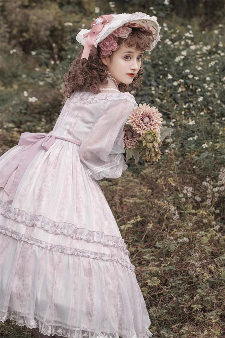 Light Purple Long Sleeves Ruffle Bowknot Lace Sweet Plus Size Elegant Lolita Dress - Product - 7