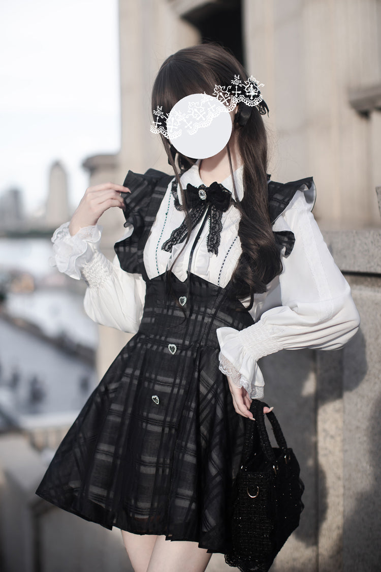 Black Plaid Print Classic College Style Elegant Lolita Strap Short Dress - Product - 3