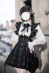 Black Plaid Print Classic College Style Elegant Lolita Strap Short Dress - Product - 3