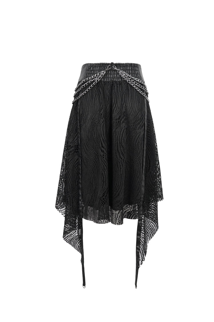 Black Irregular Half Hollow Knit Metal Chain Decorated Women's Punk Skirt - Product - 10