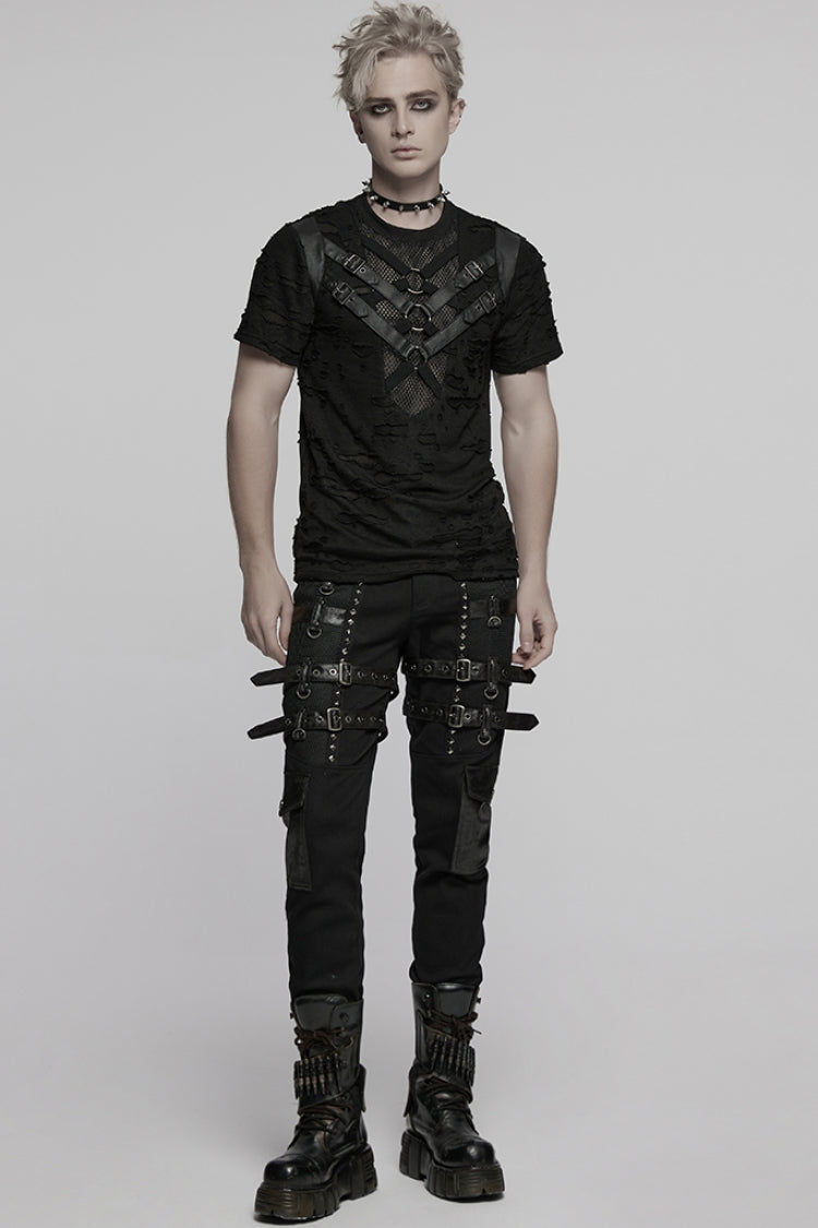 Black Short Sleeves Stitching Mesh Ripped Strap Men's Punk T-Shirt - Product - 4