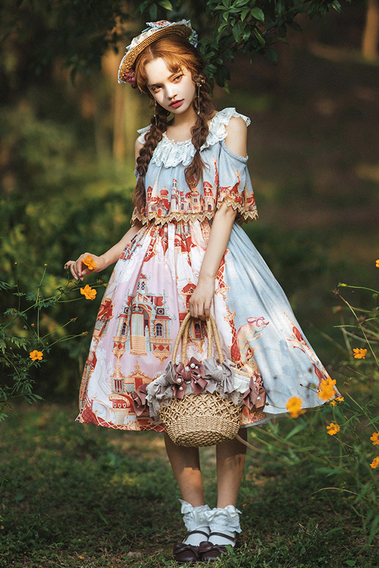 Multi-Color European Architectural Oil Painting Print Off Shoulder Short Sleeves Bowknot Sweet Lolita Dress - Product - 12