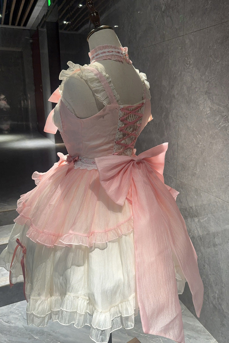 White/Pink [Sweet Sakura Bow] Sleeveless Double-Layered Ruffled Bow Sweet Princess Lolita Jsk Dress - Product - 5