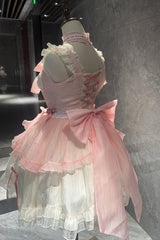 White/Pink [Sweet Sakura Bow] Sleeveless Double-Layered Ruffled Bow Sweet Princess Lolita Jsk Dress - Product - 5