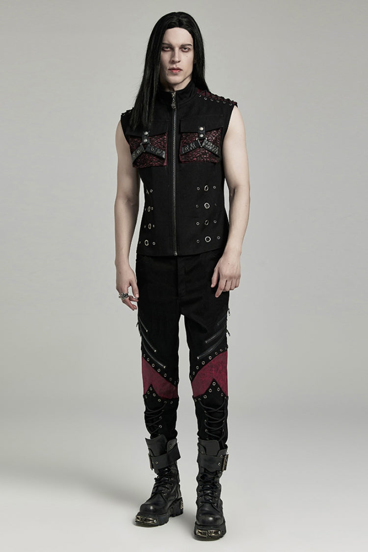 Black/Red Stand Collar Stitching Slim Men's Punk Vest - Product - 4