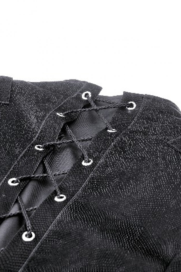 Black Long Sleeves Spliced Lace-Up Women's Gothic High Low Faux Leather Long Tail Jacket - Product - 15