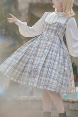 Grey Royal Detective Stripe Print Long Sleeves Classic Lolita OP Dress - Grey - 1