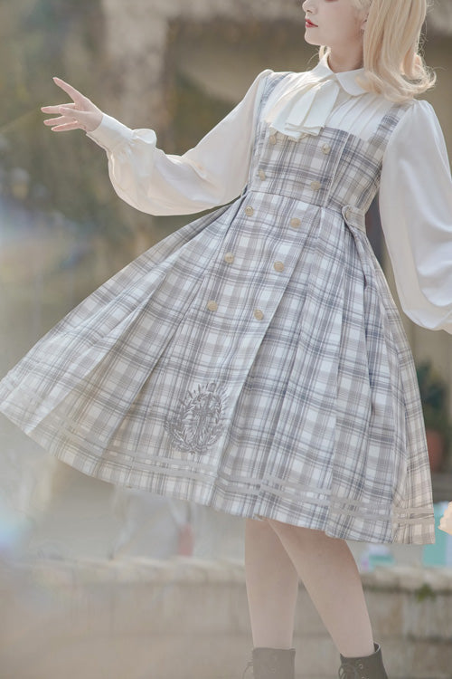 Grey Royal Detective Stripe Print Long Sleeves Classic Lolita OP Dress - Grey - 1