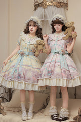 Pink [Brown Dollhouse] Short Sleeves Bear Printed Ruffled Bow Sweet Lolita Dress Set - Product - 10
