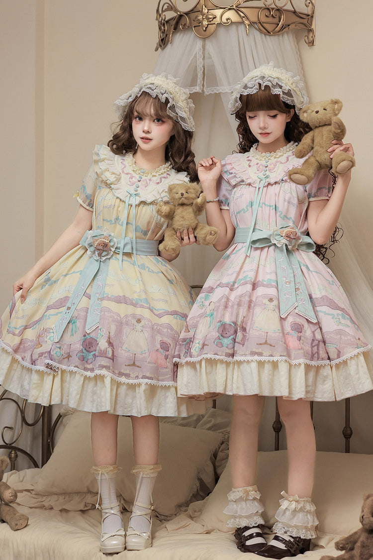 Pink [Brown Dollhouse] Short Sleeves Bear Printed Ruffled Bow Sweet Lolita Dress Set - Product - 10