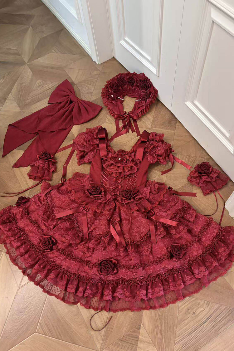 Red [Rose Manor] Square Collar Short Sleeves Ruffled Bow Lace Classic Lolita Dress - Product - 6