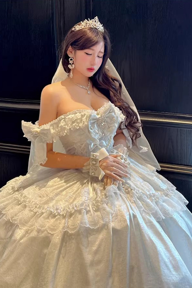 [White Moonlight Lover] Romantic Commemorative Ceremony Sleeveless Ruffled Bow Lace Lace-Up Sweet Elegant Lolita Strapless Dress 3 Colors - Product - 5