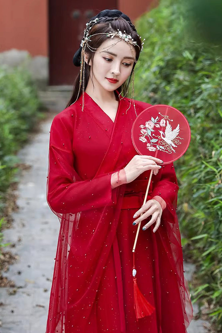 Red Long Sleeves Lace Pearl-Decorated Classic Elegant Hanfu Dress - Product - 2