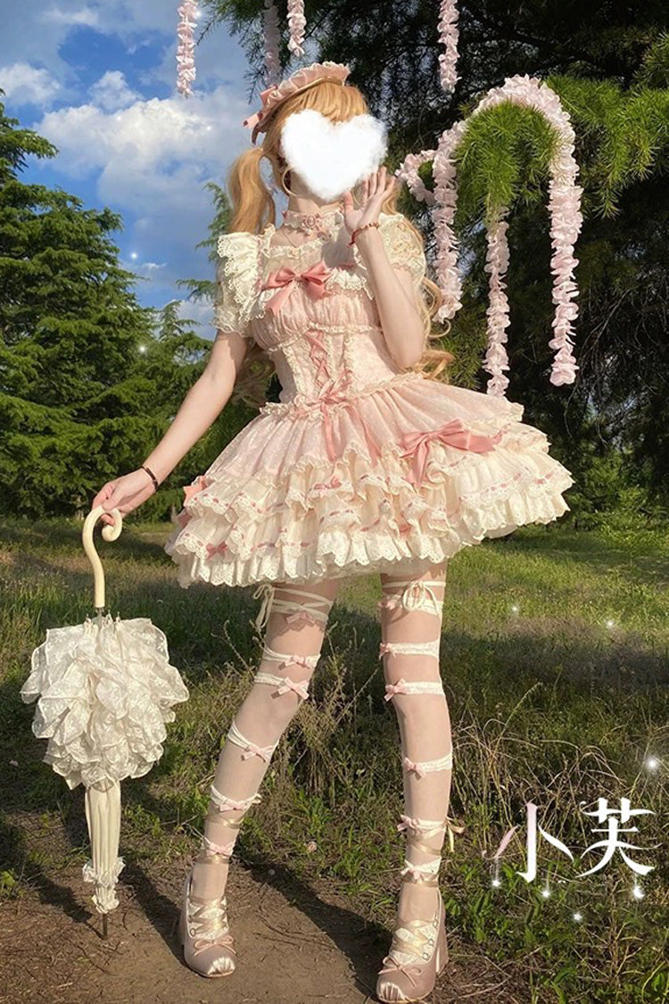 Pink Triple-Layered Bowknot Lace-Up Sweet Princess Ballet Lolita Jsk Dress - Product - 12