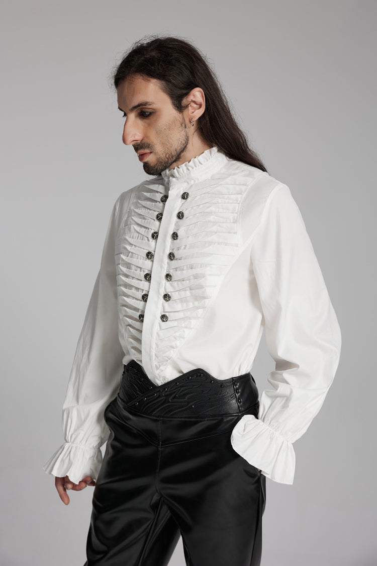 White Stand Collar Beast Buckle Long Sleeves Ruffle Men's Gothic Blouse - Product - 3
