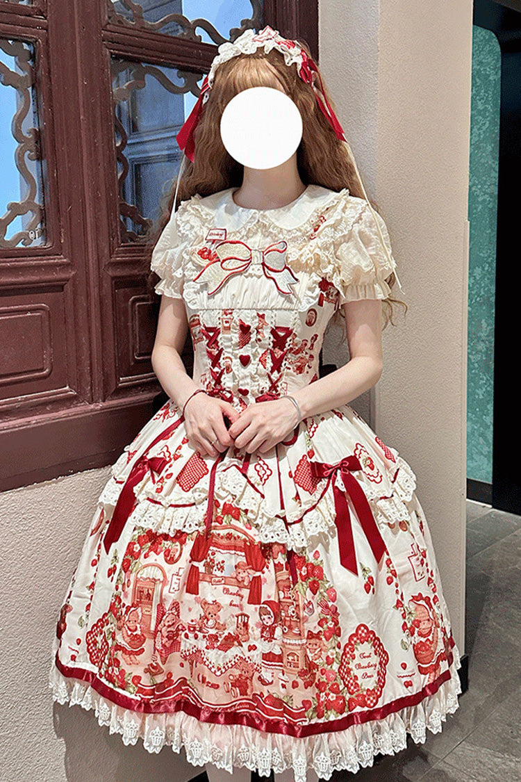 Ivory/Red [Strawberry Bear] Sleeveless Print Ruffle Embroidery Bowknot Lace Sweet Lolita Jsk Dress - Product - 5