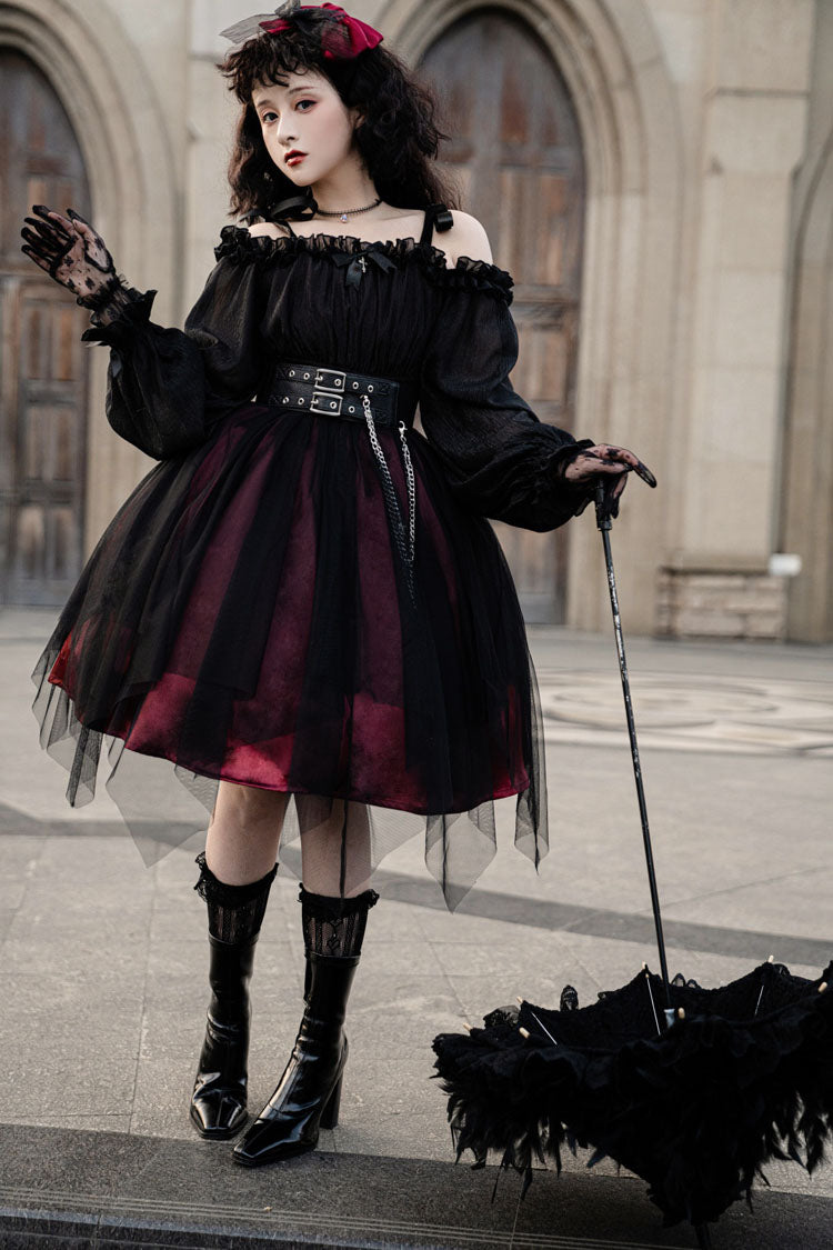 Black Boat Neck Metal Chain Organza Stitching Gothic Lolita OP Dress (Short Version) - Product - 2