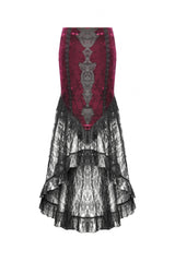 Black/Red Embroidered Velvet Spliced Lace Lace-Up Women's Gothic High/Low Maxi Skirt - Product - 3