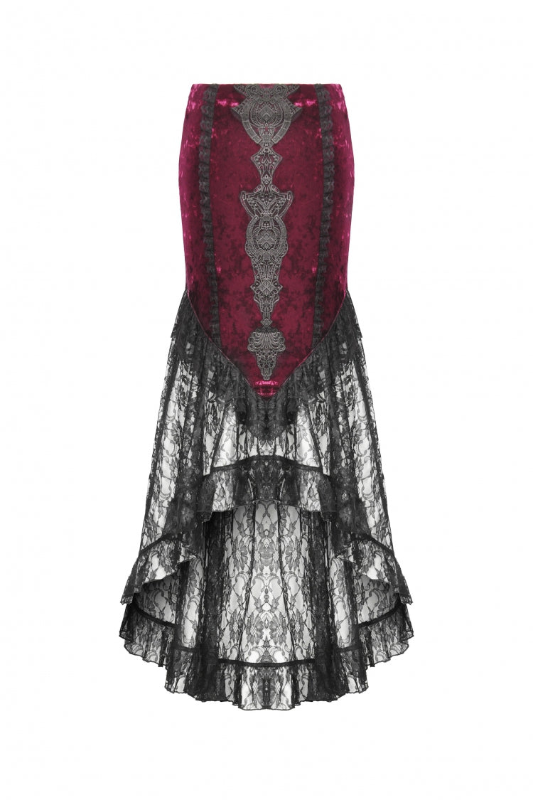 Black/Red Embroidered Velvet Spliced Lace Lace-Up Women's Gothic High/Low Maxi Skirt - Product - 3