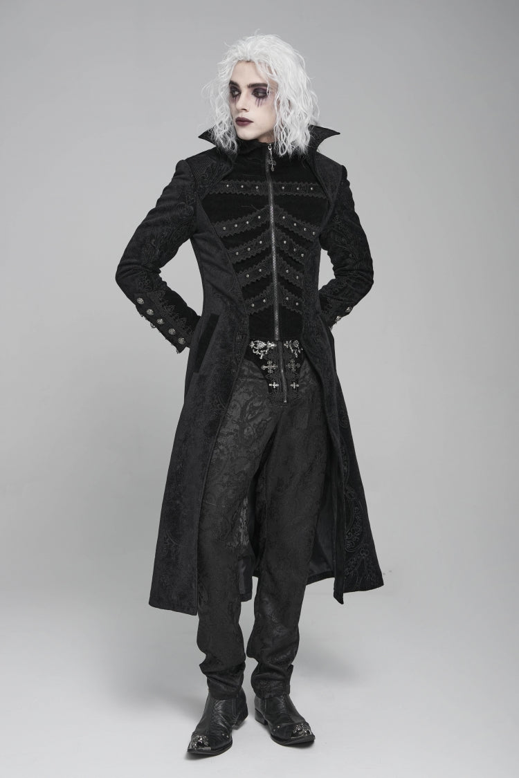 Black Diamante Stand Collar Long Sleeves Printed Zippered Men's Gothic Long Coat - Product - 7