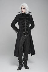 Black Diamante Stand Collar Long Sleeves Printed Zippered Men's Gothic Long Coat - Product - 7