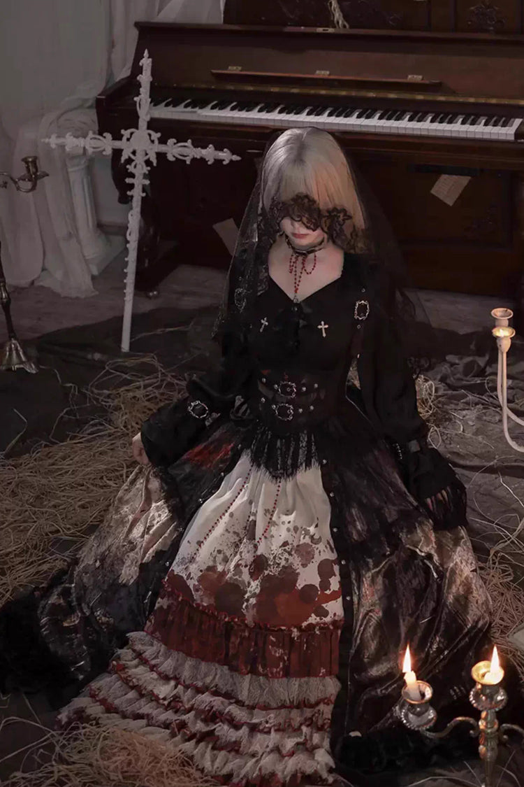 [Heretical Nun] Sleeveless Multi-Layered Printed Ruffled Open-Front Gothic Plus Size Lolita Strap Dress Long Version 2 Colors - Product - 10
