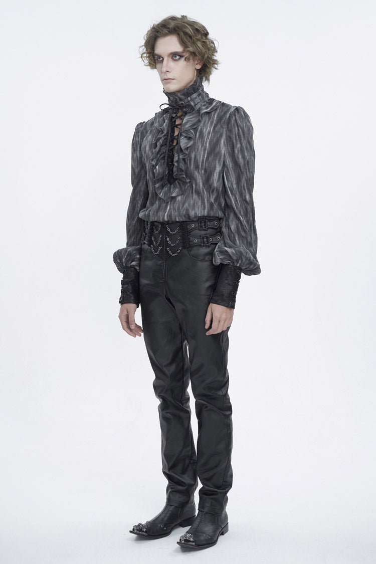 Black/Grey Ruffle Stand Collar Print Lace-Up Men's Gothic Blouse - Product - 3