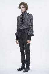 Black/Grey Ruffle Stand Collar Print Lace-Up Men's Gothic Blouse - Product - 3