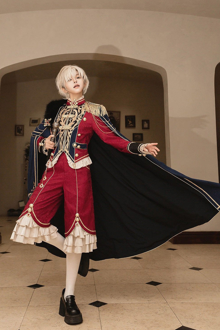 Red/Blue [Royal Glory] Stand Collar Long Sleeves Ruffled Embroidered Gothic Vintage Prince Palace Ouji Lolita Set - Product - 9